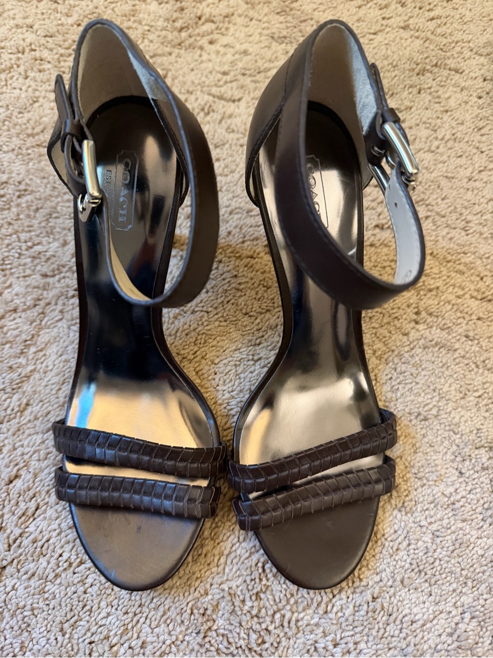 Coach Dark Brown Braided-Strap Leather Ankle-Heels Size 10